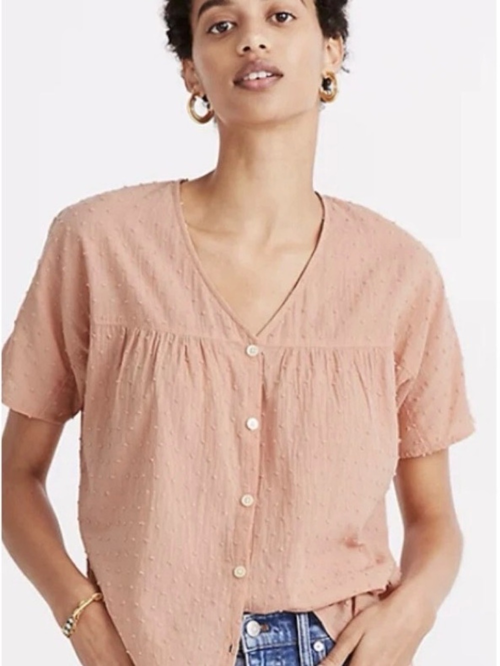 Madewell Light Pink Textured Button-Front V-Neck Top